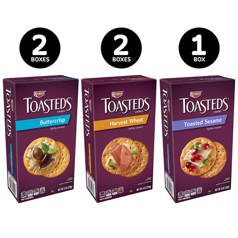 Keebler Toasteds Crackers Variety Pack 8oz 5 packs Buttercrisp Harvest Wheat Sesame