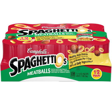 12 Campbell's SpaghettiOs Pasta with Meatballs Cans Tomato Sauce