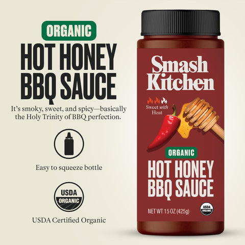 2 BOTTLES Organic Smash Kitchen Hot Honey BBQ Sauce 15 oz Barbecue