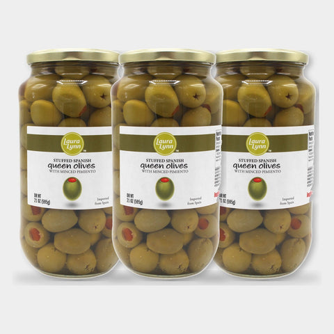 3 Jars Laura Lynn Stuffed Spanish Queen Olives W/ Minced Pimento, 21 oz