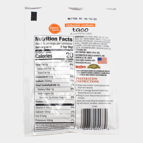 6 Packets Laura Lynn Mild Taco Seasoning Mix 50% Less Sodium, 1.25 oz