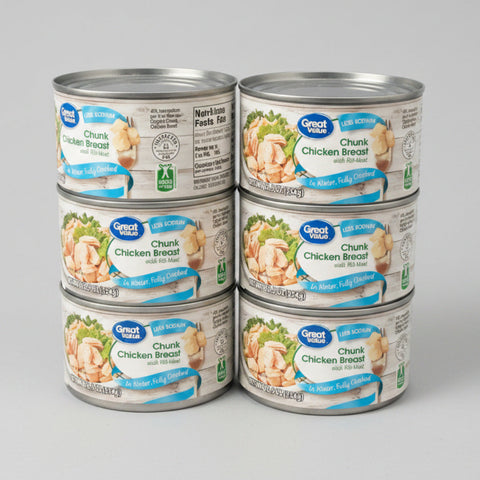 6 CANS Great Value Fully Cooked Less Sodium Chunk Chicken 12.5 oz rib meat