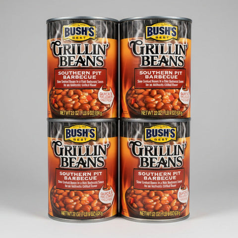 4 CANS Bush's Grillin' Baked Beans Southern Pit Barbeque 22 oz Navy White