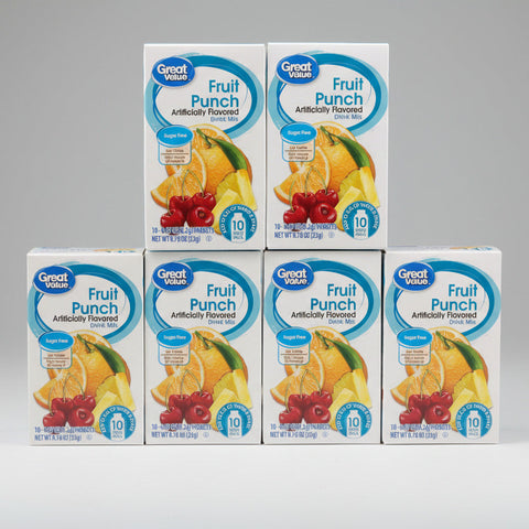 6 Boxes Great Value Fruit Punch Drink Mix .77 oz 10 Ct Sugar Free Juice Kool Aid