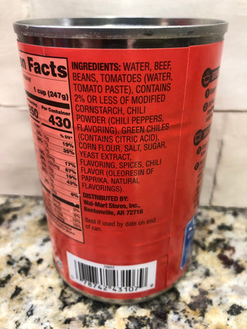 4 Cans of Great Value Chili with Beans, 15 oz