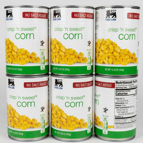 6 Cans of Food Lion No Salt Added Crisp n Sweet Corn, 15.25 oz