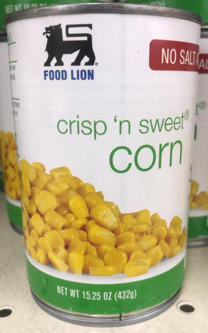 6 Cans of Food Lion No Salt Added Crisp n Sweet Corn, 15.25 oz