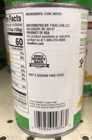 6 Cans of Food Lion No Salt Added Crisp n Sweet Corn, 15.25 oz