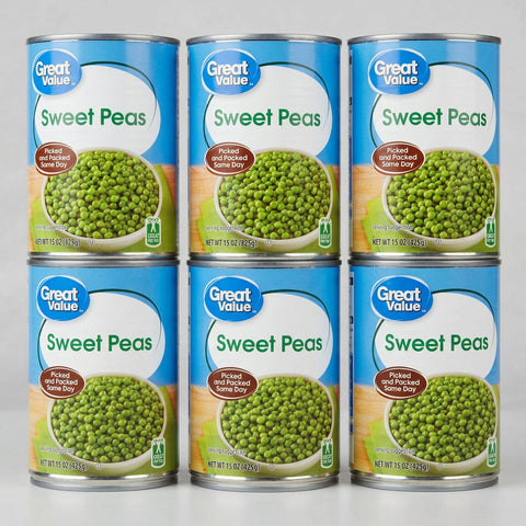 6 Cans of Great Value Sweet Green Peas, 15 oz