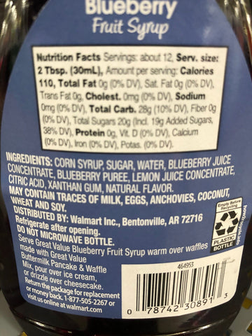 SIX BOTTLES Great Value Blueberry Fruit Syrup 12 fl oz Pancake Waffle Breakfast
