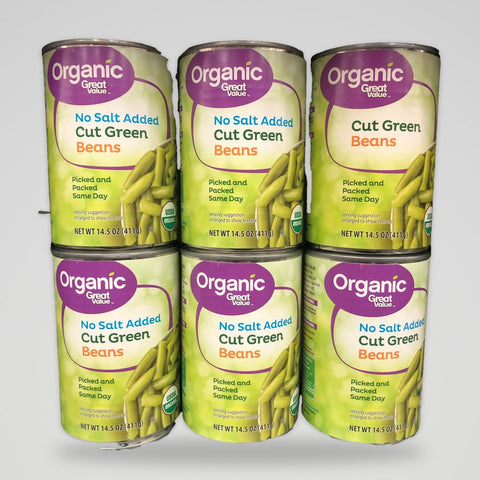 6 Cans of Great Value Organic No Salt Added Cut Green Beans, 14.5 oz