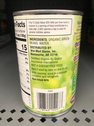 6 Cans of Great Value Organic No Salt Added Cut Green Beans, 14.5 oz