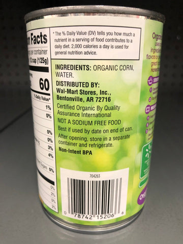 6 Cans of Great Value Organic No Salt Added Whole Kernel Corn, 15 oz