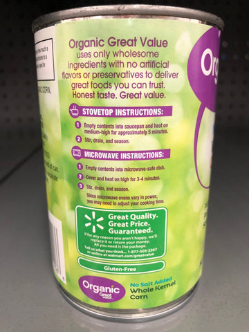 6 Cans of Great Value Organic No Salt Added Whole Kernel Corn, 15 oz