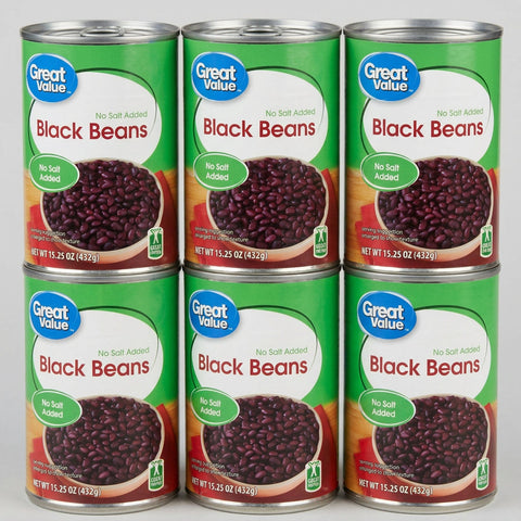 6 Cans of Great Value No Salt Added Black Beans, 15.25 oz