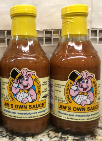 2 BOTTLES Jim’s Own MUSTARD Bar-B-Q Sauce 16oz BBQ Barbecue Pork Beef NC