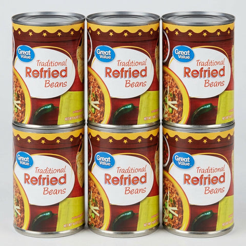 6 Cans of Great Value Traditional Refried Beans, 16 oz