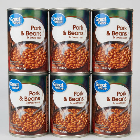 6 Cans of Great Value Pork & Beans in Tomato Sauce, 15 oz