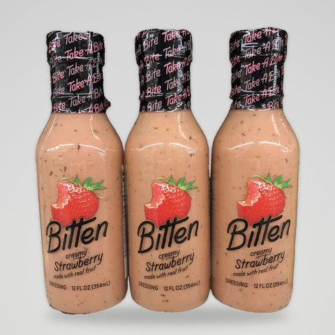 3 Bottles of Bitten Creamy Strawberry Salad Dressing with Real Fruit, 12 oz