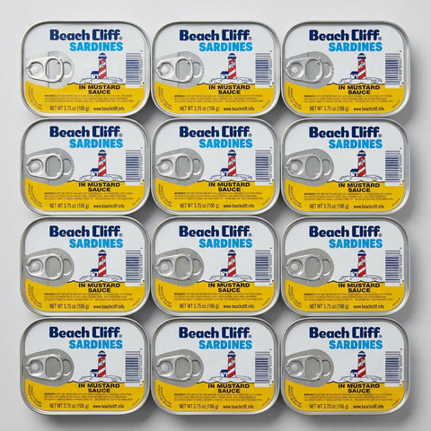12 Cans Beach Cliff Sardines in Yellow Mustard Sauce Herring Snack Kipper Fresh