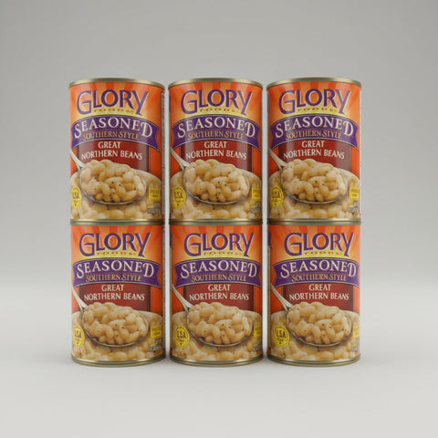 6 CANS Glory Foods Seasoned Southern Style Great Northern Beans 15.5 Oz can