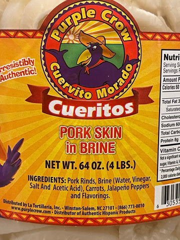 1 Gallon Purple Crow Cuervito Morado Cueritos Pork Skin in Brine 4 lbs Rinds