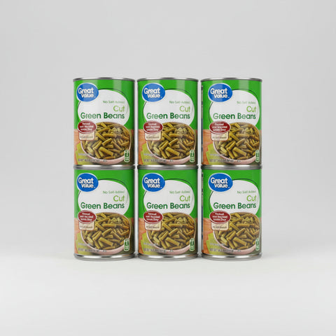 6 CANS Great Value No Salt Added Cut Green Beans 14.5 oz Can String