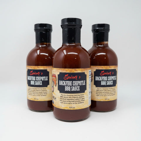 3 BOTTLES Spicer's Sauces Backfire Chipotle BBQ Sauce 16 oz Barbecue Pepper