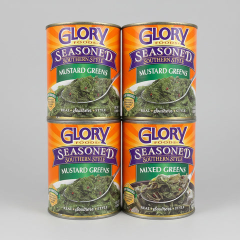 4 BIG CANS Glory Foods Seasoned Southern Style Mustard Greens 27 oz Can