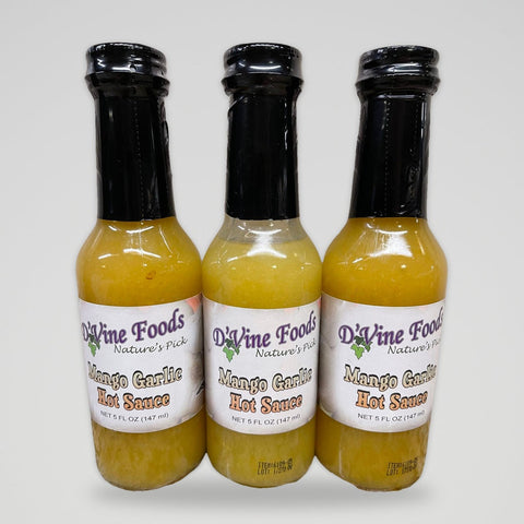 3 Bottles of D'Vine Foods Mango Garlic Hot Sauce, 5 oz