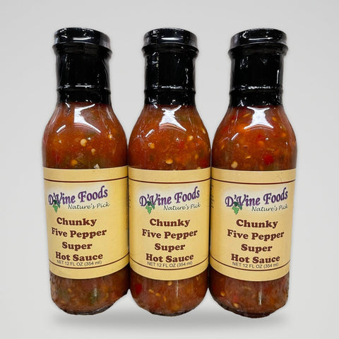 3 Bottles of D'Vine Foods Chunky Five Pepper Super Hot Sauce, 12 oz