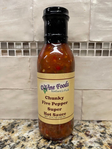3 Bottles of D'Vine Foods Chunky Five Pepper Super Hot Sauce, 12 oz