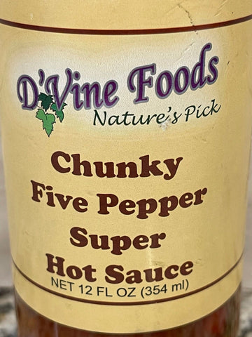 3 Bottles of D'Vine Foods Chunky Five Pepper Super Hot Sauce, 12 oz
