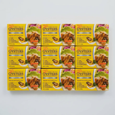 9 Cans of MW Polar Foods Fancy Whole Smoked Oysters, 3 oz