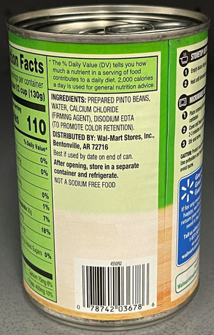 6 Cans of Great Value No Salt Added Pinto Beans, 15.5 oz