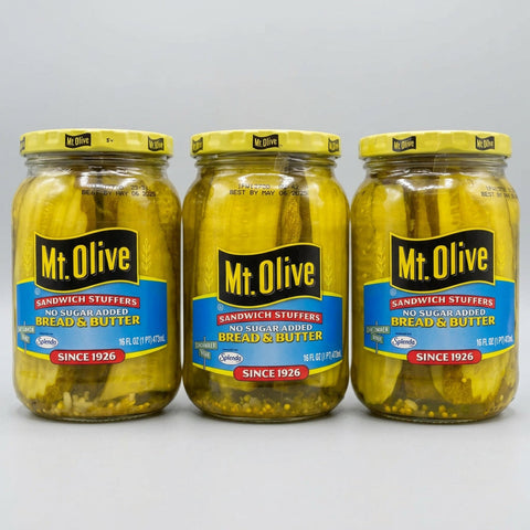 3 Jars Mount Olive No Sugar Added Pickle Bread & Butter Sandwich Stuffers, 16 oz