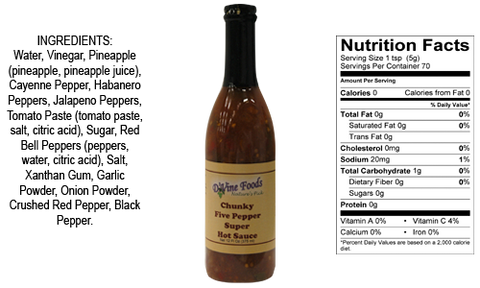 3 Bottles of D'Vine Foods Chunky Five Pepper Super Hot Sauce, 12 oz