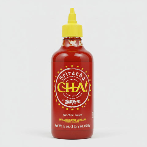 Texas Pete Sriracha CHA! Hot Sauce Pepper Hot Dogs Hamburgers Soup Eggs