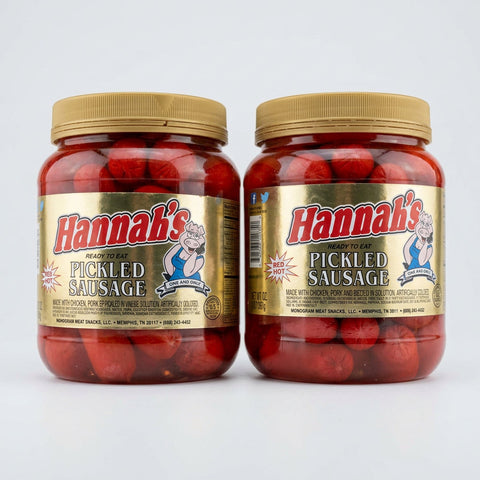 2 Jars of Hannah Pickled Pork Sausage Red Hots Wieners, 32 oz