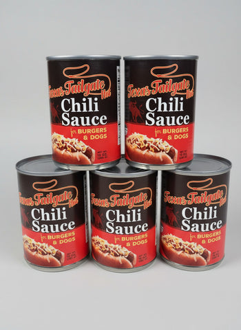 5 CANS Hot Texas Tailgate Chili Sauce Hot Dog Hamburger Sauce Pete