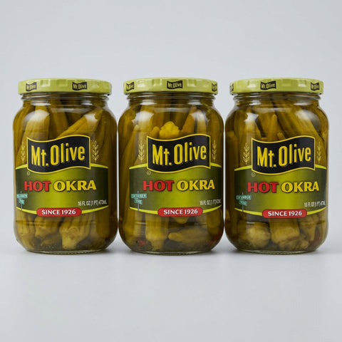 3 Jars of Mount Olive Pickled Hot Okra, 16 oz