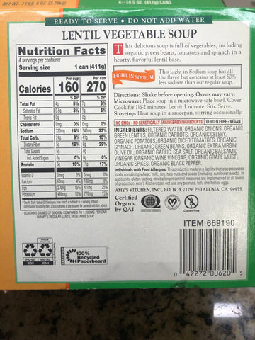 16 Cans of Amy's All Natural Organic Lentil Soup Lentil Vegetable, 14.5 oz