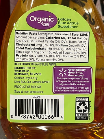 2 Bottles Great Value Organic Golden Blue Agave Sweetener Sugar Substitute 23.5 oz