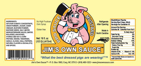 2 BOTTLES Jim’s Own MUSTARD Bar-B-Q Sauce 16oz BBQ Barbecue Pork Beef NC