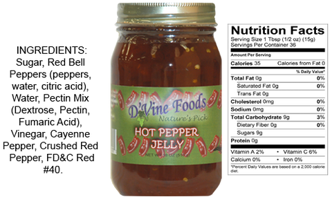 D'vine Foods Hot Pepper Jelly 18 oz Jar Sweet and Savory Jam