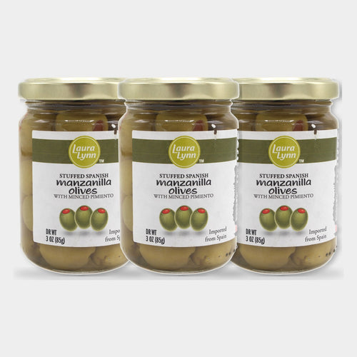 3 Jars Laura Lynn Stuffed Manzanilla Spanish Olives W/ Minced Pimento, 3 oz