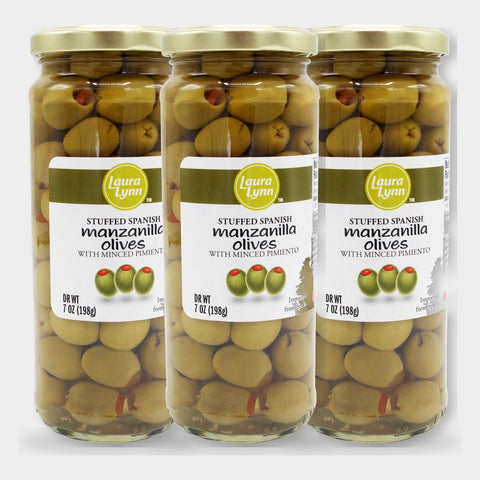 3 Jars Laura Lynn Stuffed Manzanilla Spanish Olives W/ Minced Pimento, 7 oz