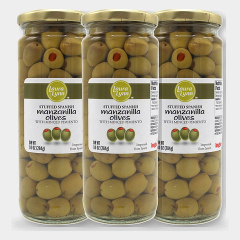 3 Jars Laura Lynn Stuffed Manzanilla Spanish Olives W/ Minced Pimento, 10 oz