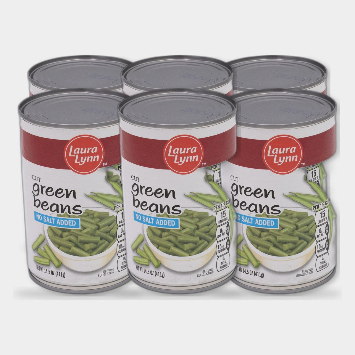 6 Cans Laura Lynn No Salt Cut Green Beans, 14.5 oz