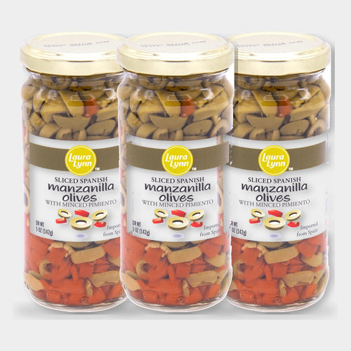3 Jars Laura Lynn Sliced Manz Spanish Salad Olives W/ Minced Pimento, 5 oz